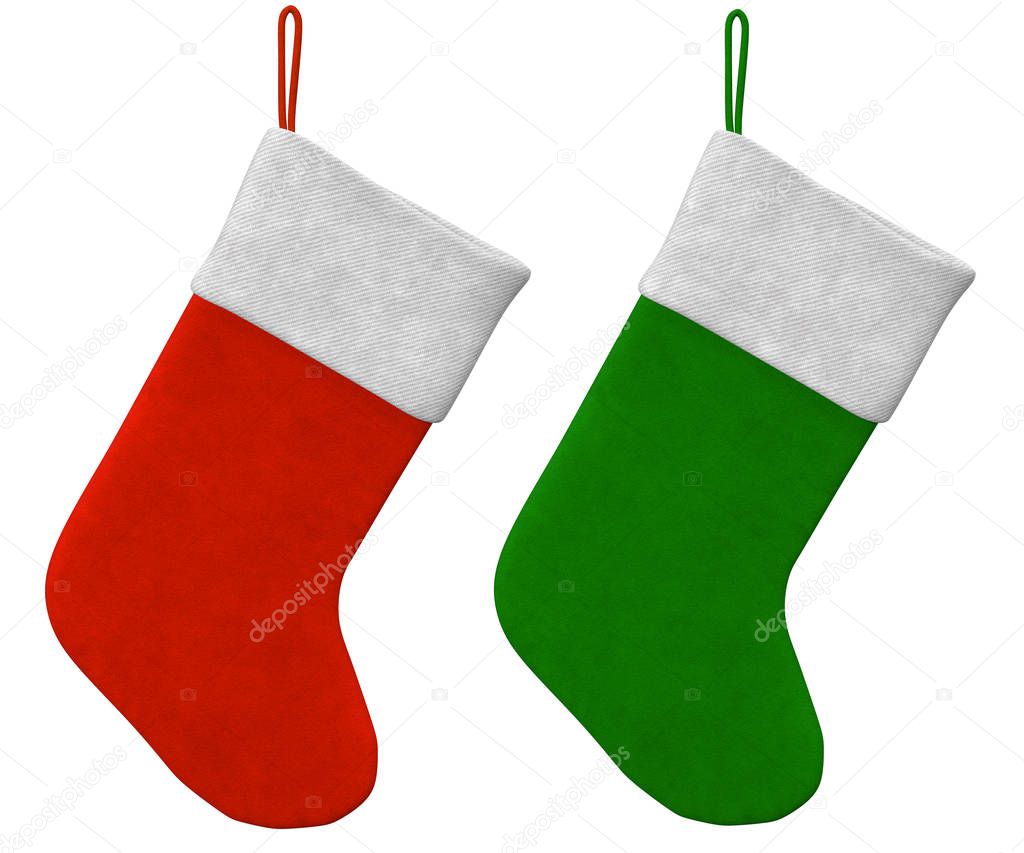 green and red stocking on white background, 3d illustration