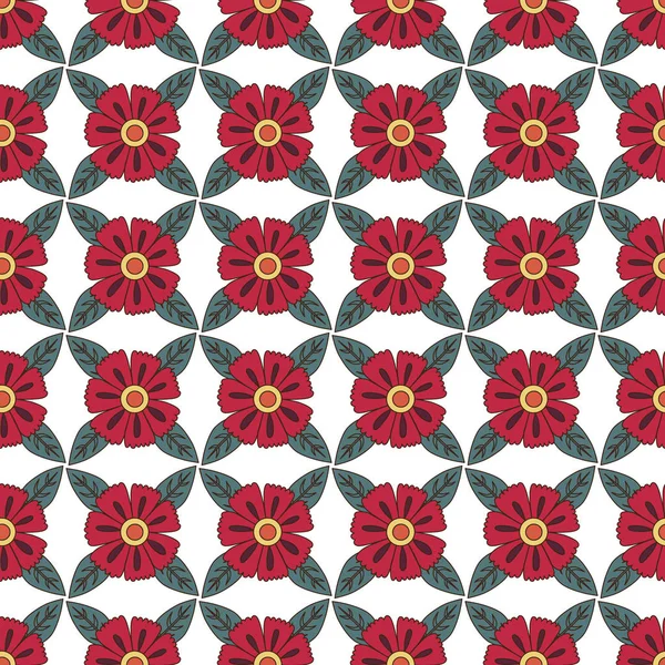 Seamless pattern colorful doodle flowers, red flowers on a white background — Stock Vector