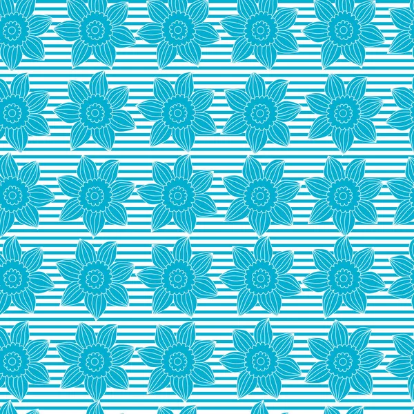 Nahtloses Muster mit blauen Blumen auf gestreiftem Hintergrund — Stockvektor