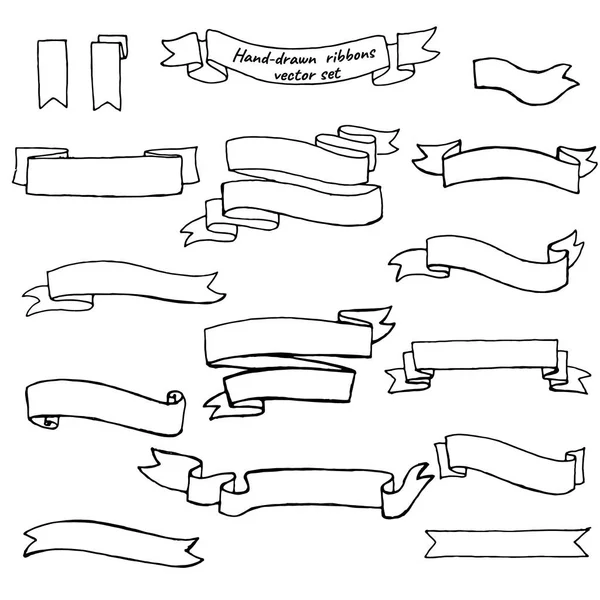 Set de panglici vintage, bannere, desenate manual, izolate pe alb — Vector de stoc