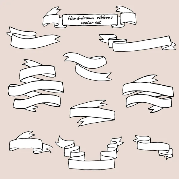 Collection de rubans, bannières dessinées à la main, isolées sur blanc — Image vectorielle