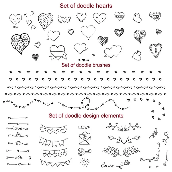 Set de elementos doodle, croquis vectoriales, corazón doodle, pinceles, bordes, divisores de texto, banderas, esquinas — Vector de stock