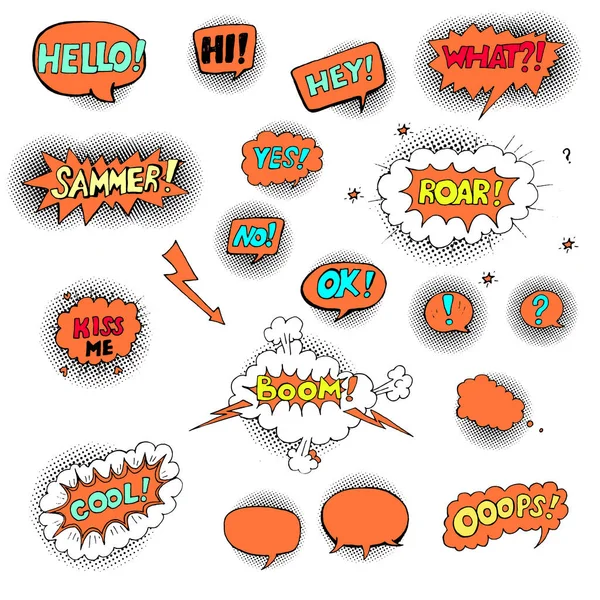 Set di bolle vocali disegnate a mano con parole di dialogo: Ciao, ciao, Ok, Estate, Figo, Ops, Bacio — Vettoriale Stock