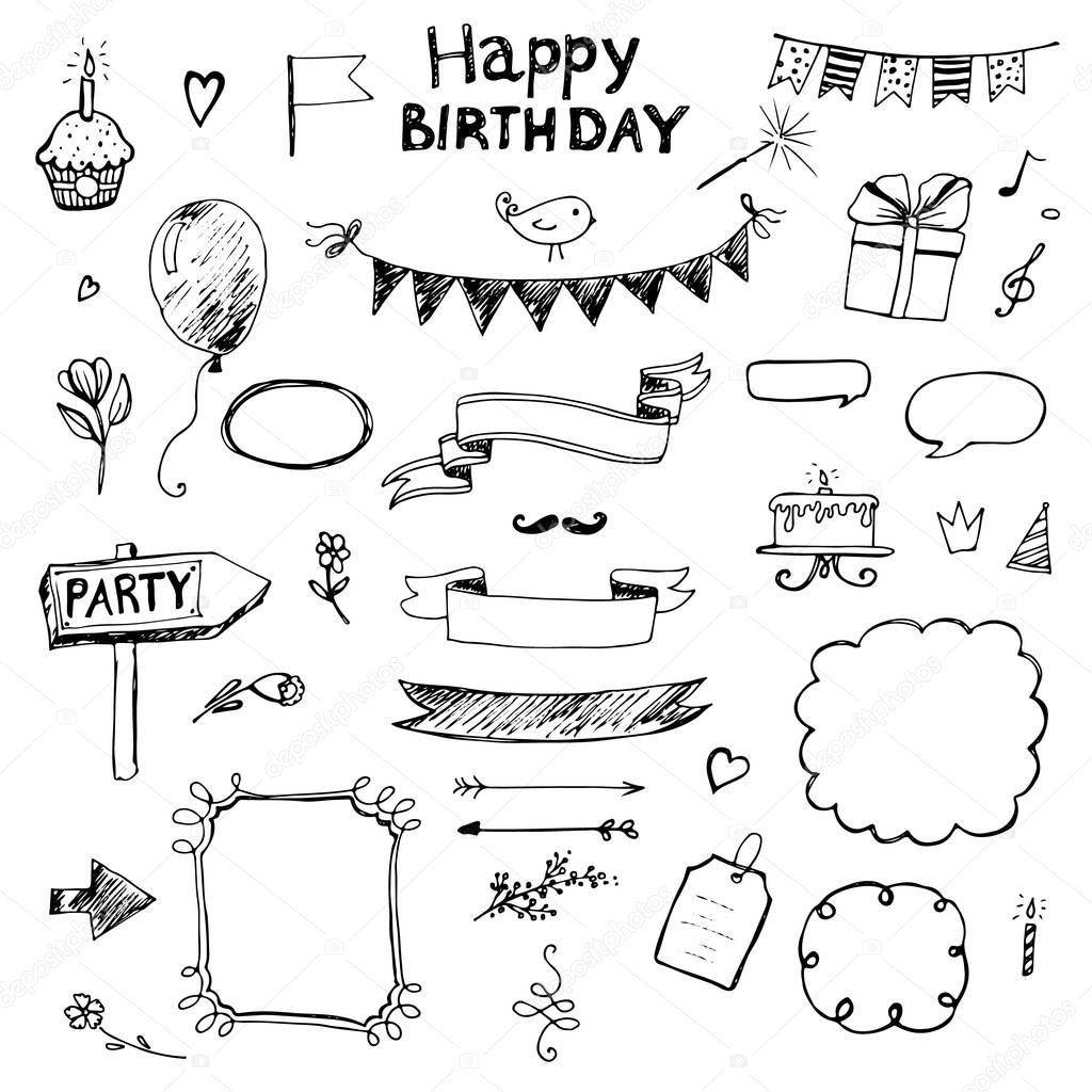 Birthday, set of hand-drawn doodle elements