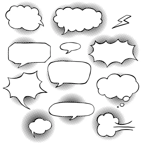 Hand drawn comics elements, speech bubbles, halftone effect. Isolated on white — Stock Vector