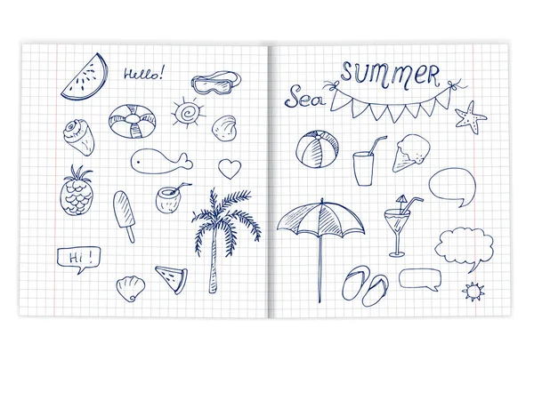 Elementos doodle verão na folha de caderno — Vetor de Stock