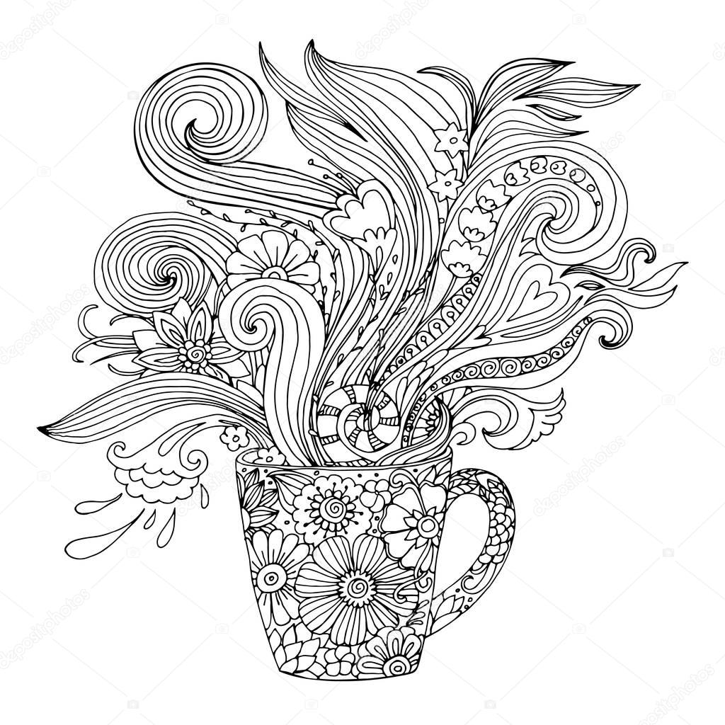 Coloring page for adults with a cup and flowers