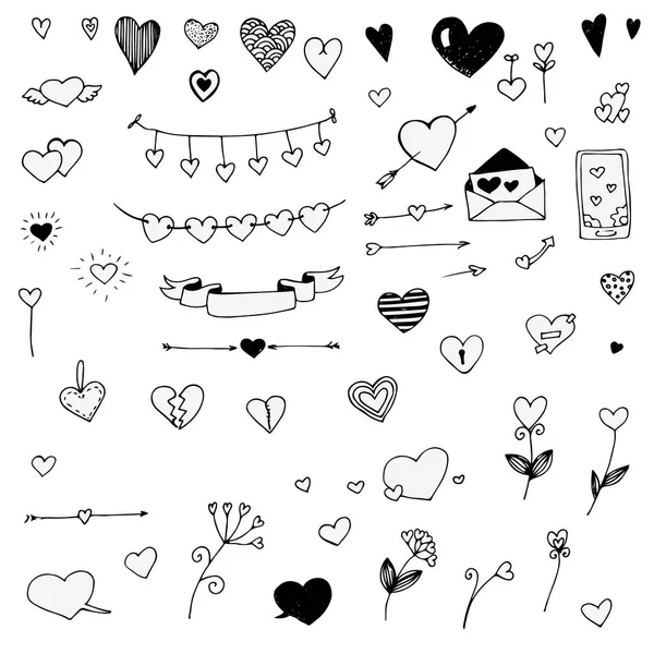 Conjunto de corações doodle, vetor — Vetor de Stock