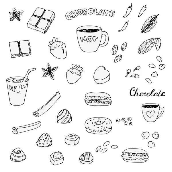 Conjunto de doodle chocolate e especiarias, vetor —  Vetores de Stock