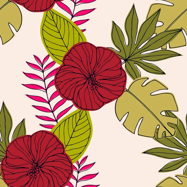 Patrón sin costuras con hojas tropicales y una rosa de hibisco — Archivo Imágenes Vectoriales