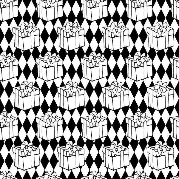 Svart och vitt sömlösa mönster med doodle gåvor på en geometrisk bakgrund med rhombuses — Stock vektor