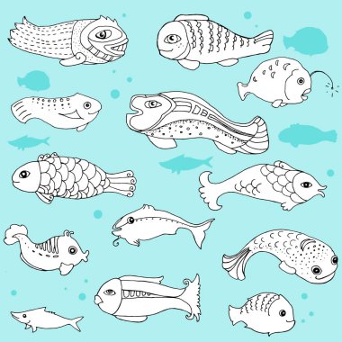 Balık mavi bir arka plan üzerinde karalamalar kümesi