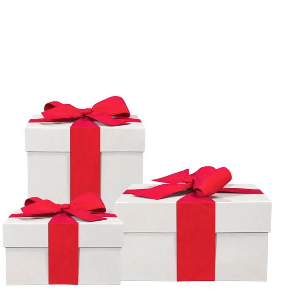 Белые подарочные коробки с красным бантом на белом — стоковое фото