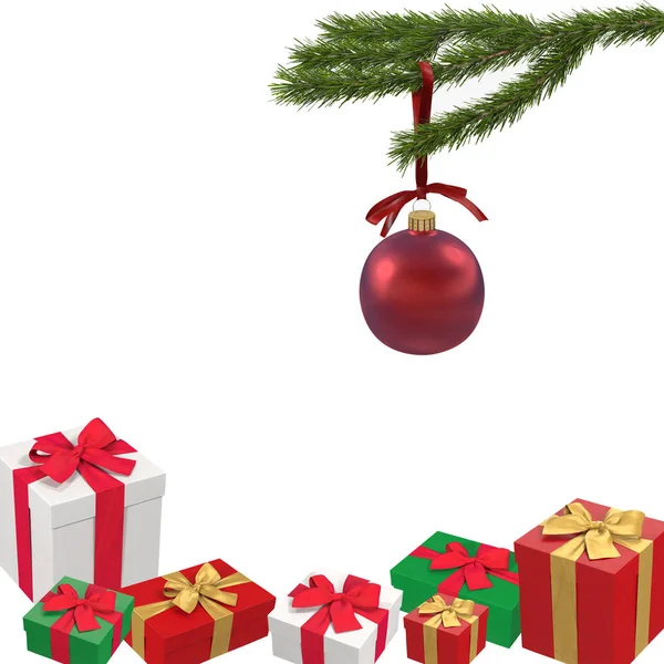 Fondo de Navidad con juguete de abeto en una rama de abeto y regalos 3d ilustración — Foto de Stock