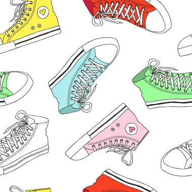 Elle çizilmiş spor ayakkabılarla kusursuz desen. çizgi film renkli arkaplan