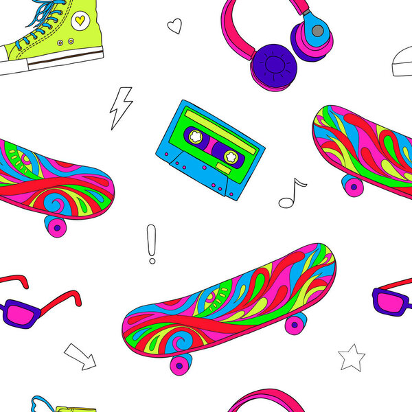 Seamless pattern with skateboard and sneakers. Trend colorful background