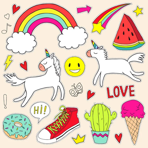Set Fashionable Stickers Style 80S Unicorns Rainbows Sneakers More — Stock Vector