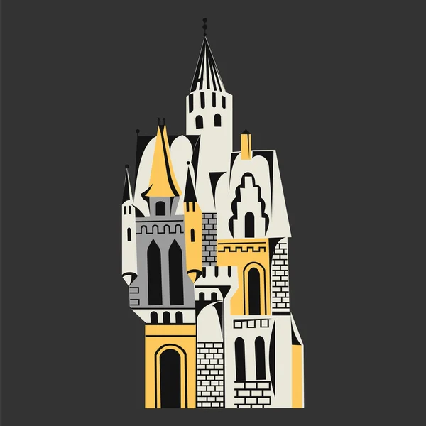 Castillo con torres para cuentos de hadas naranja sobre gris — Vector de stock