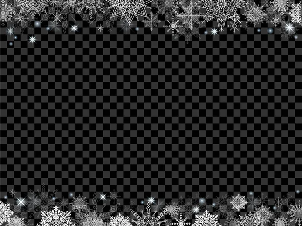 Fairytale Kerstmis achtergrond veel sneeuwvlokken frame transparant — Stockvector
