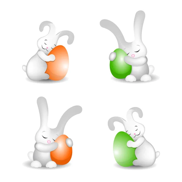 Conejo de Pascua con huevos de Pascua lindo conjunto esponjoso de 4 — Archivo Imágenes Vectoriales