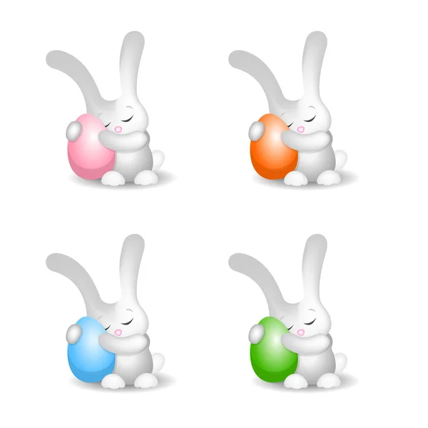 Conejo de Pascua con huevos de Pascua lindo conjunto esponjoso de 4 — Vector de stock