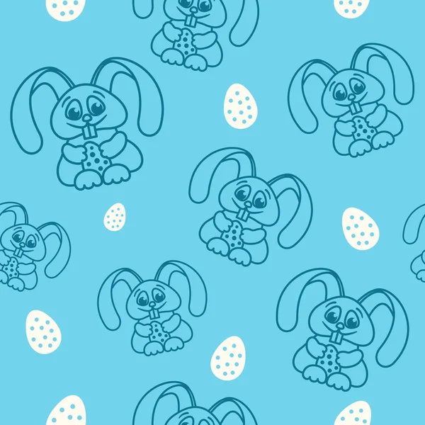 Patrón divertido conejito de Pascua con huevos de Pascua textura sin costura azul — Vector de stock