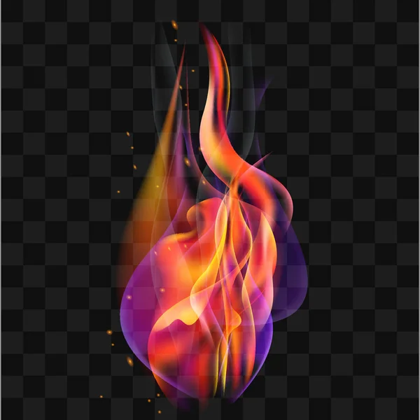 Flammes de feu avec des étincelles de fumée sur fond transparent — Image vectorielle