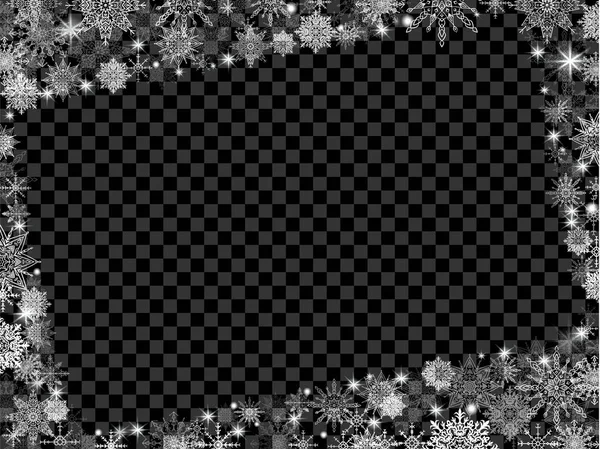 Capodanno sfondo fiocchi di neve con cornice foto blac trasparente — Vettoriale Stock
