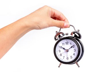 el siyah parlak çalar saat beyaz arka plan üzerinde tutar.