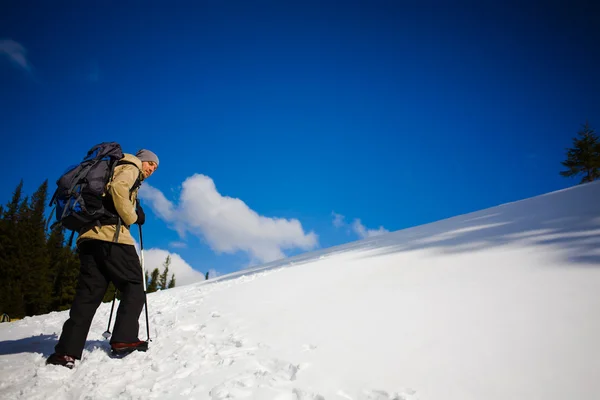 Bergbeklimmer wandelingen op een besneeuwde helling. — Stockfoto