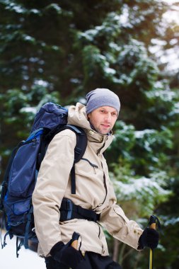 Bir turist ormanda yürür.