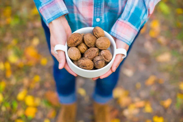 Walnüsse in den Händen der Mädchen. — Stockfoto