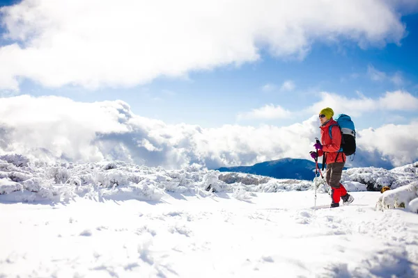 Lány séta a hó a hegyekben hátizsák. — Stock Fotó