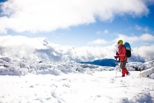 Chica con mochila caminando en la nieve en las montañas . — Foto de Stock