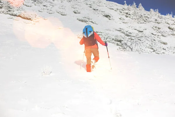 Jente med ryggsekk som går på snø i fjellene . – stockfoto