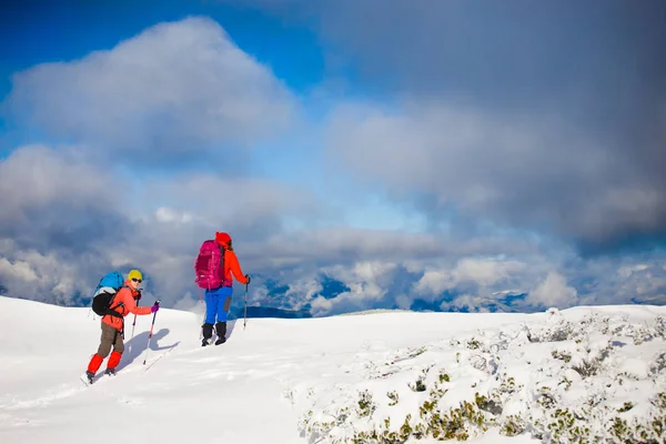 Os alpinistas estão na neve . — Fotografia de Stock