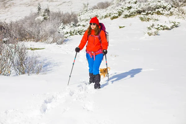 Fille avec sac à dos marchant sur la neige dans les montagnes . — Photo