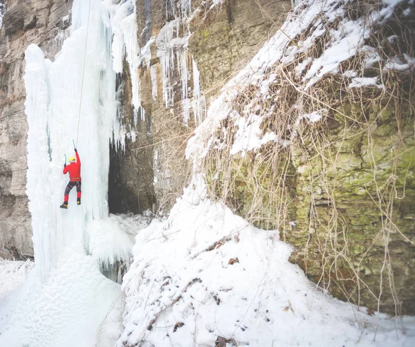Dağcı buza tırmanıyor.