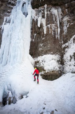 Dağcı buza tırmanıyor.