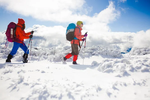 Os alpinistas estão na neve . — Fotografia de Stock