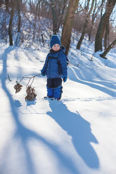 Le garçon avec la branche se tient dans la neige . — Photo