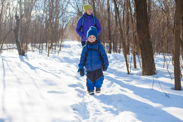 Le garçon marche avec sa mère à travers le bois en hiver . — Photo