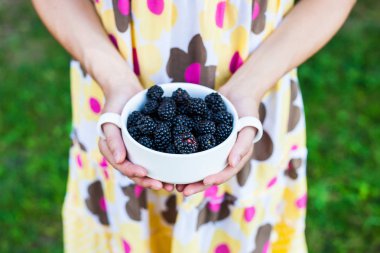 Beyaz bir kase böğürtlen.