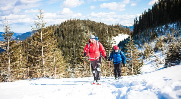 Dois alpinistas estão nas montanhas . — Fotografia de Stock