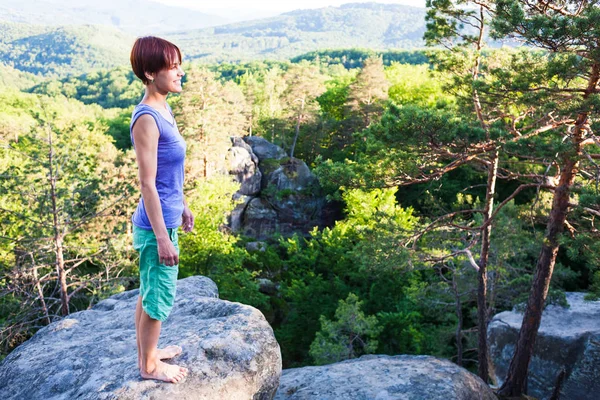 Si erge su una roccia vicino alla scogliera e guarda il paesaggio . — Foto Stock