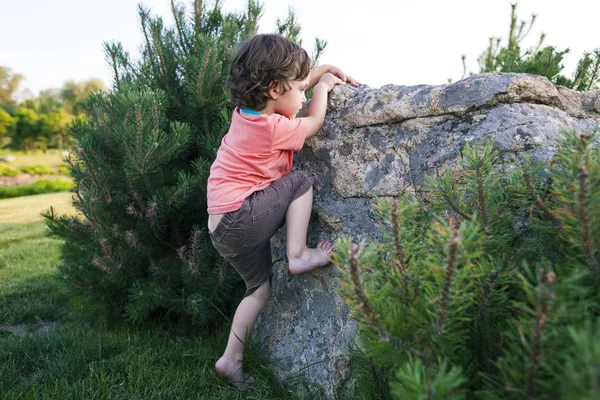 Çocuk taşa tırmanıyor.