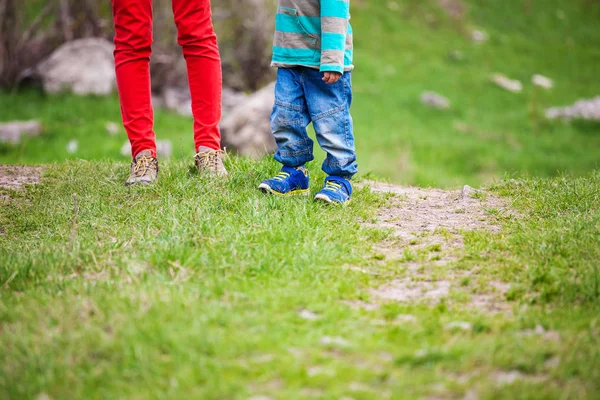 De jongen loopt met zijn moeder via de weide. — Stockfoto