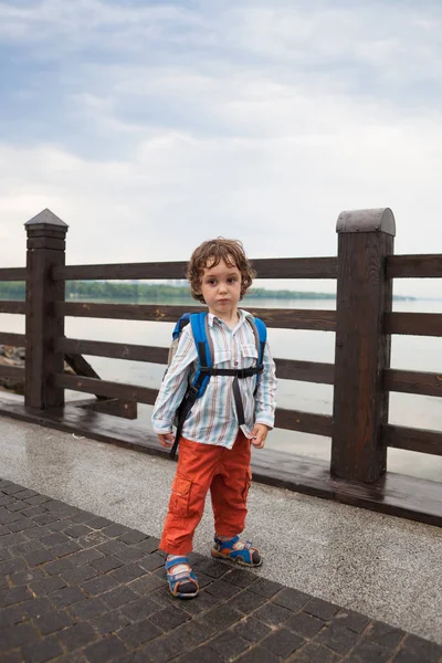 一个男孩正沿着公园桥. — 图库照片