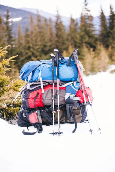 Рюкзак стоїть на снігу . — стокове фото