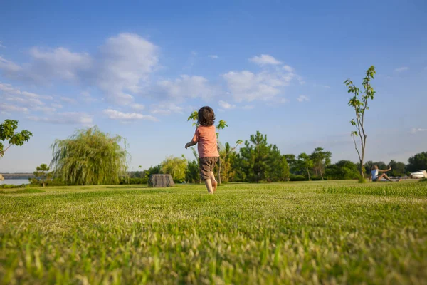 草に沿って走る少年. — ストック写真